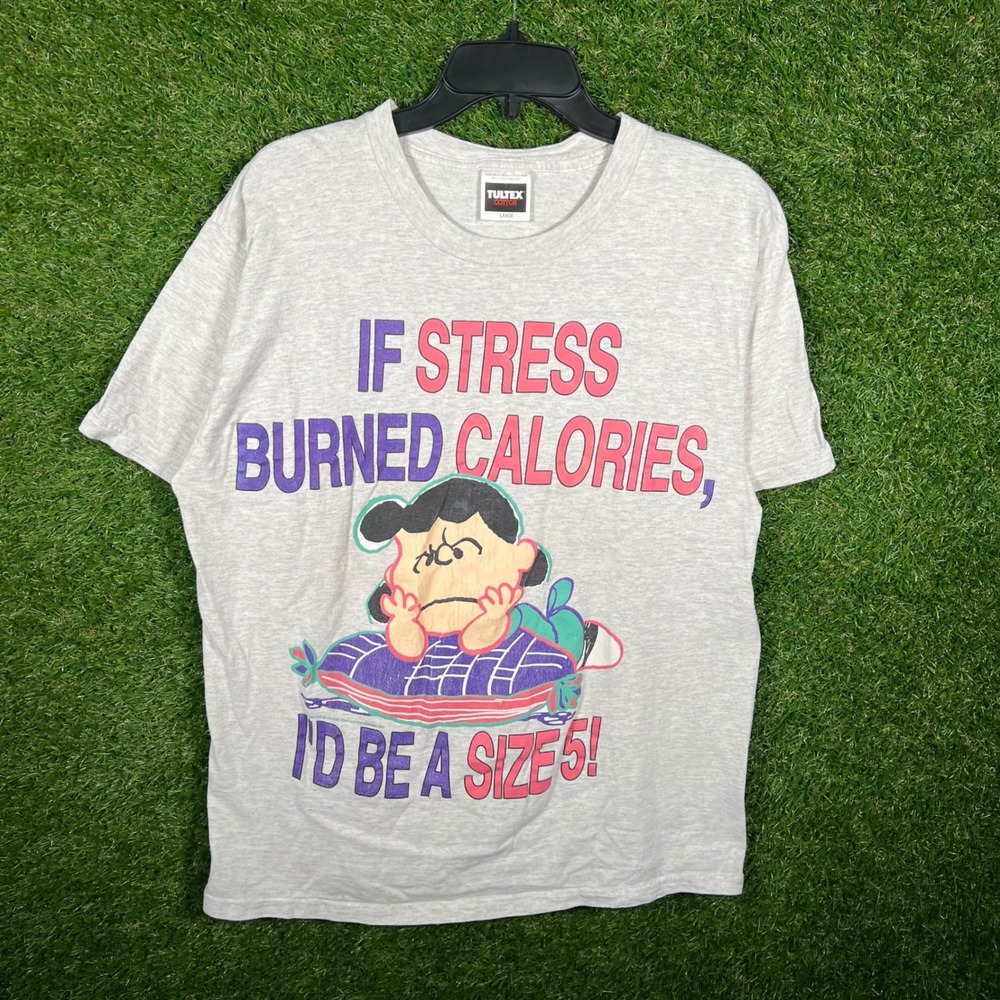 Vintage 90s Peanuts Lucy Stress Burned Calories T-Shirt Gray Tultex‎ Large